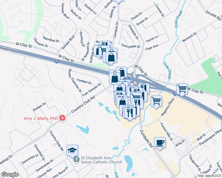 map of restaurants, bars, coffee shops, grocery stores, and more near 1060 Country Club Road in Saint Charles