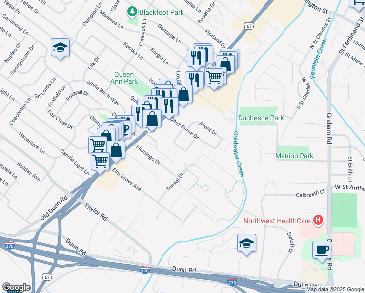map of restaurants, bars, coffee shops, grocery stores, and more near 351 Chalmette Drive in Hazelwood