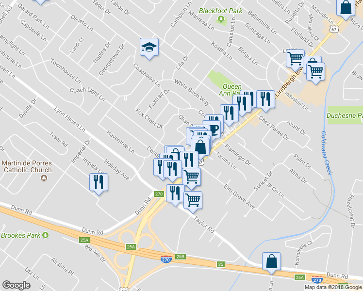 map of restaurants, bars, coffee shops, grocery stores, and more near 421 Elm Grove Lane in Hazelwood