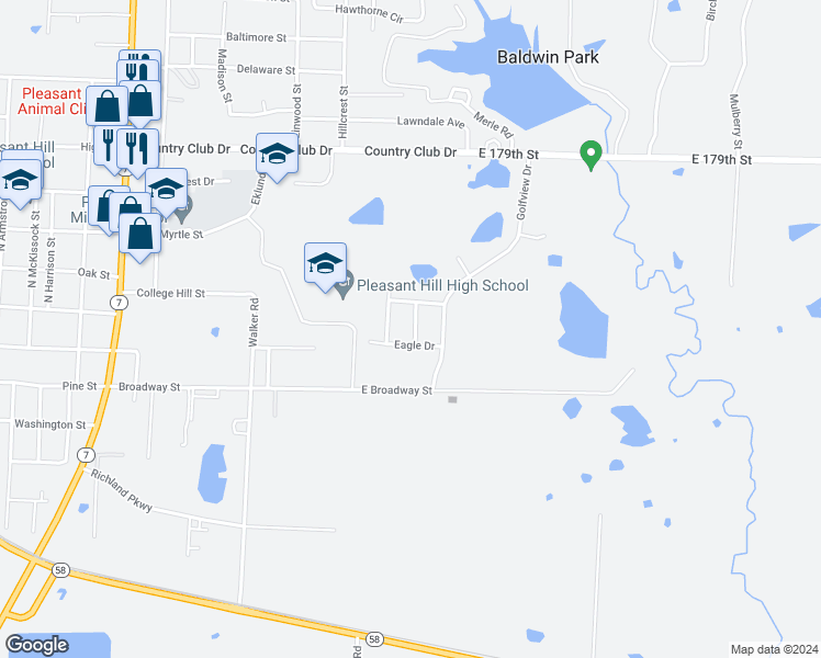 map of restaurants, bars, coffee shops, grocery stores, and more near 205 Birdie Drive in Pleasant Hill