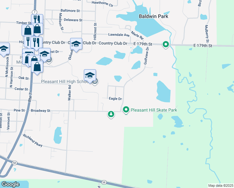map of restaurants, bars, coffee shops, grocery stores, and more near 204 Birdie Drive in Pleasant Hill