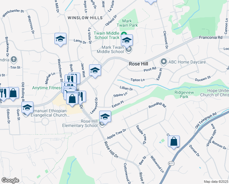map of restaurants, bars, coffee shops, grocery stores, and more near 6116 Squire Lane in Alexandria