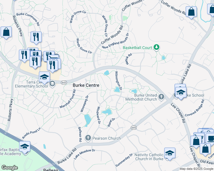 map of restaurants, bars, coffee shops, grocery stores, and more near 6123 Mantle Road in Burke