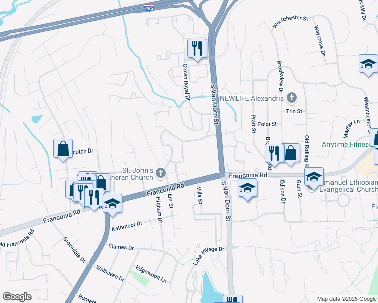 map of restaurants, bars, coffee shops, grocery stores, and more near 6147 Gardenia Court in Alexandria