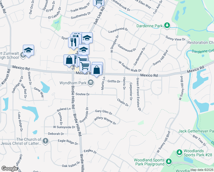 map of restaurants, bars, coffee shops, grocery stores, and more near 35 Chalin Drive in St. Peters
