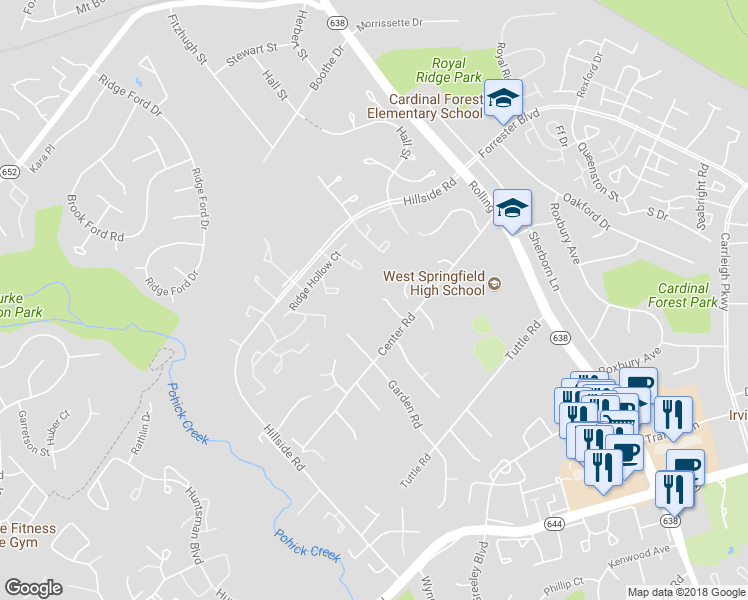 map of restaurants, bars, coffee shops, grocery stores, and more near 8668 Center Road in West Springfield