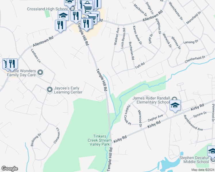 map of restaurants, bars, coffee shops, grocery stores, and more near 7600 Temple Hill Road in Temple Hills
