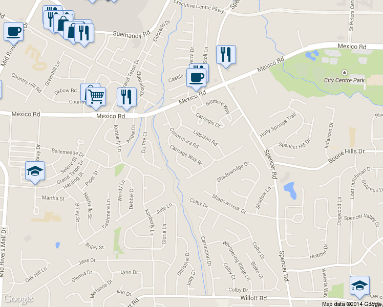 map of restaurants, bars, coffee shops, grocery stores, and more near 23 Carriage Way West in St. Peters