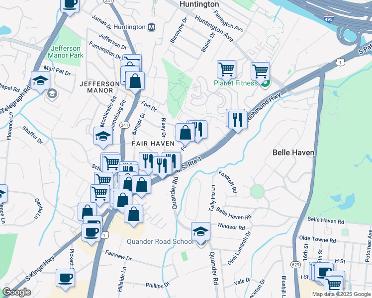 map of restaurants, bars, coffee shops, grocery stores, and more near 2316 Fort Drive in Alexandria
