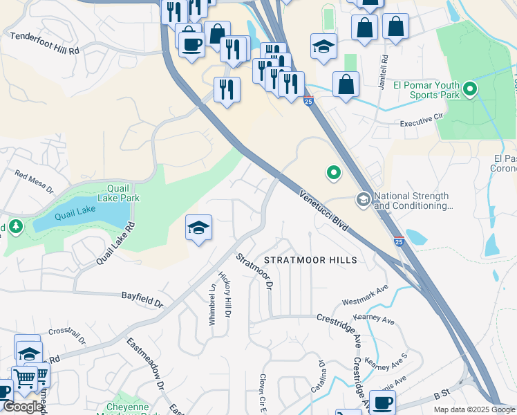map of restaurants, bars, coffee shops, grocery stores, and more near 1590 Witches Willow Lane in Colorado Springs