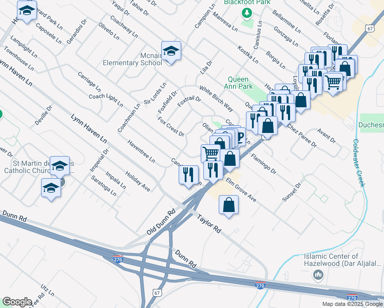 map of restaurants, bars, coffee shops, grocery stores, and more near 493 Coach Light Lane in Hazelwood