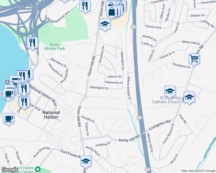 map of restaurants, bars, coffee shops, grocery stores, and more near 7537 Abbington Drive in Oxon Hill