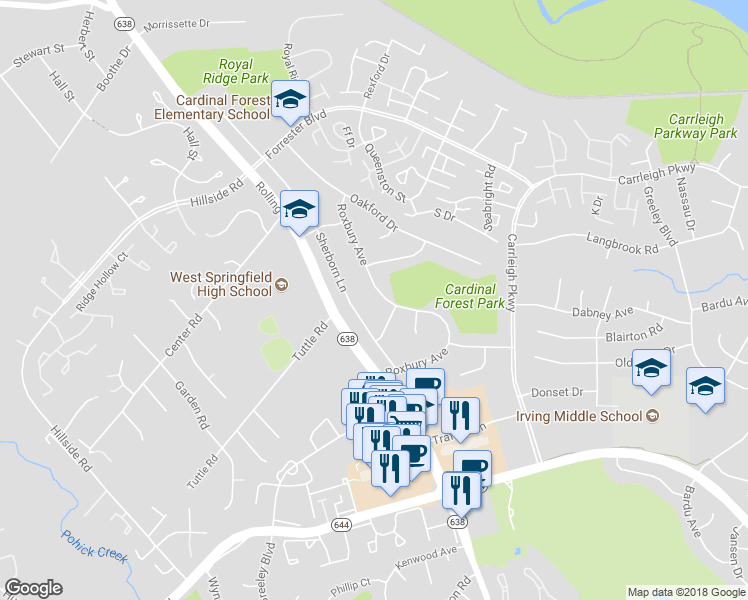 map of restaurants, bars, coffee shops, grocery stores, and more near 6116 Roxbury Avenue in West Springfield