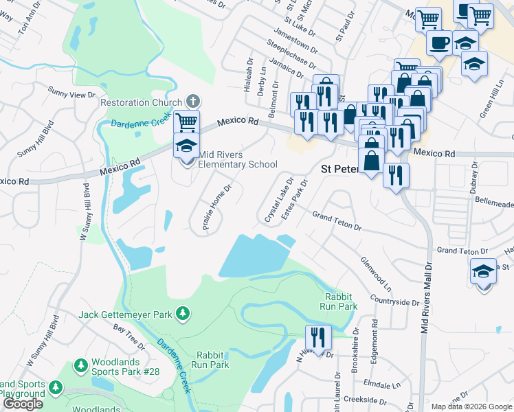 map of restaurants, bars, coffee shops, grocery stores, and more near 796 Estes Park Drive in St. Peters