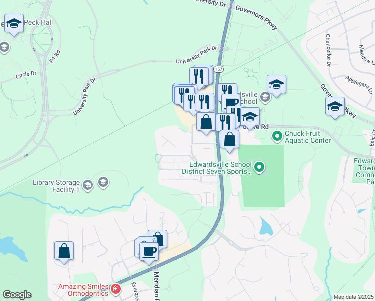 map of restaurants, bars, coffee shops, grocery stores, and more near 6 South Cherry Hills in Edwardsville
