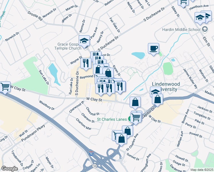 map of restaurants, bars, coffee shops, grocery stores, and more near 411 Droste Rd in St Charles