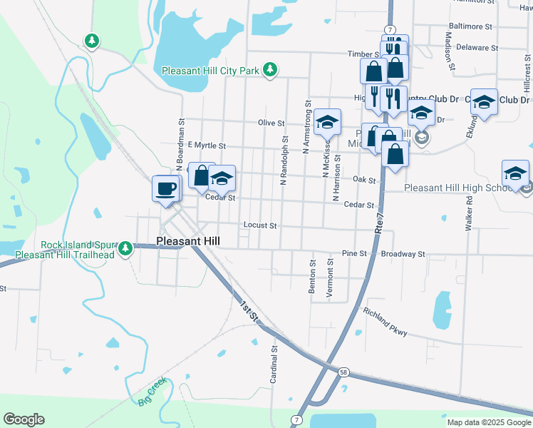 map of restaurants, bars, coffee shops, grocery stores, and more near 118 South Jeffreys Street in Pleasant Hill