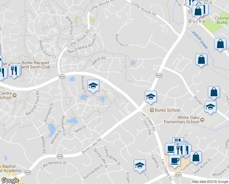 map of restaurants, bars, coffee shops, grocery stores, and more near 9816 Burke Pond Lane in Burke