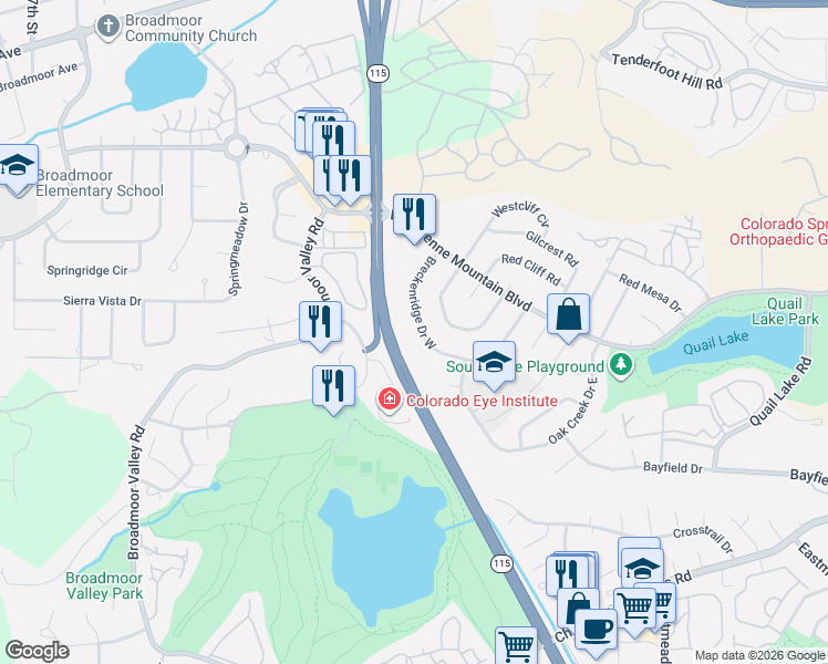 map of restaurants, bars, coffee shops, grocery stores, and more near 3235 Breckenridge Drive West in Colorado Springs