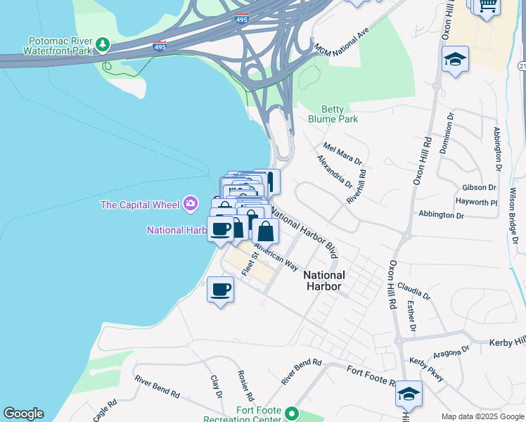 map of restaurants, bars, coffee shops, grocery stores, and more near 101 National Harbor Boulevard in Oxon Hill