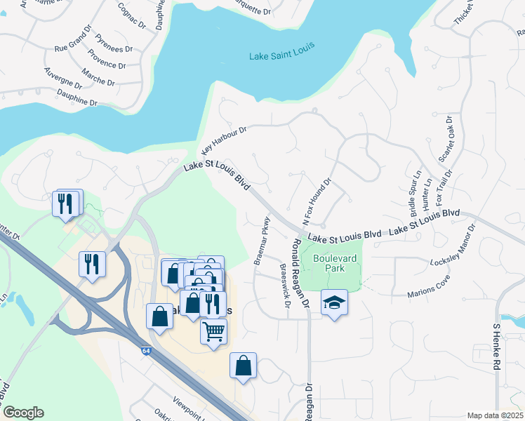 map of restaurants, bars, coffee shops, grocery stores, and more near 2601 Braemar Parkway in Lake Saint Louis