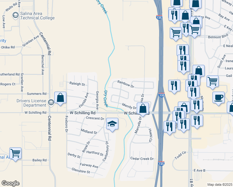 map of restaurants, bars, coffee shops, grocery stores, and more near 1035 Merrily Circle in Salina
