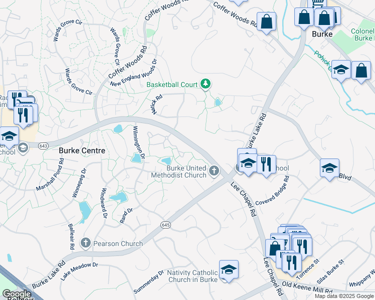 map of restaurants, bars, coffee shops, grocery stores, and more near 9816 Burke Pond Lane in Burke