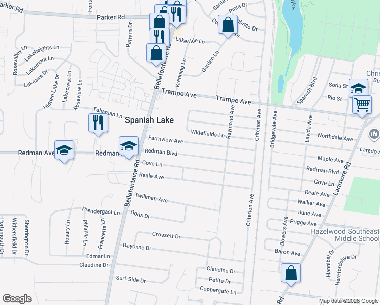 map of restaurants, bars, coffee shops, grocery stores, and more near 1502 Redman Boulevard in St. Louis