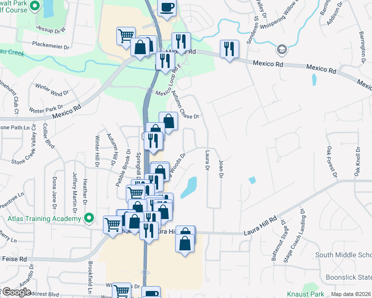 map of restaurants, bars, coffee shops, grocery stores, and more near 127 Winding Woods Drive in O'Fallon