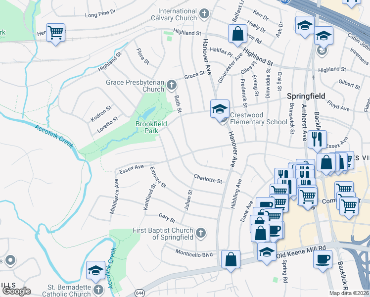 map of restaurants, bars, coffee shops, grocery stores, and more near 7400 Bath Street in Springfield