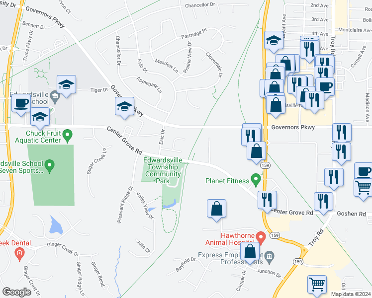 map of restaurants, bars, coffee shops, grocery stores, and more near 166 Homestead Court in Edwardsville