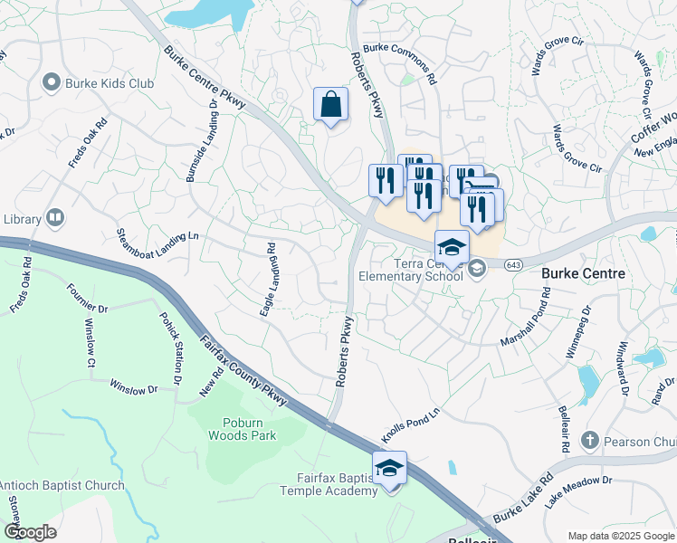 map of restaurants, bars, coffee shops, grocery stores, and more near 6148 Poburn Landing Court in Burke