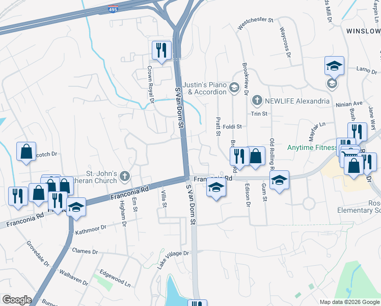map of restaurants, bars, coffee shops, grocery stores, and more near 5899 Parenham Way in Alexandria