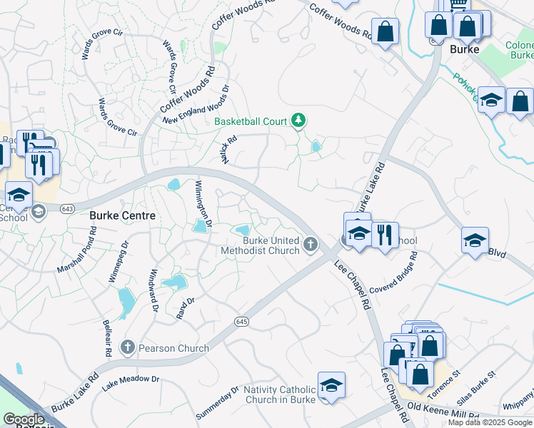 map of restaurants, bars, coffee shops, grocery stores, and more near 9824 Burke Pond Lane in Burke