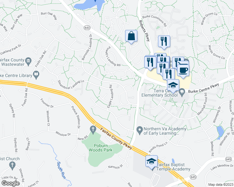 map of restaurants, bars, coffee shops, grocery stores, and more near 6102 Dory Landing Court in Burke