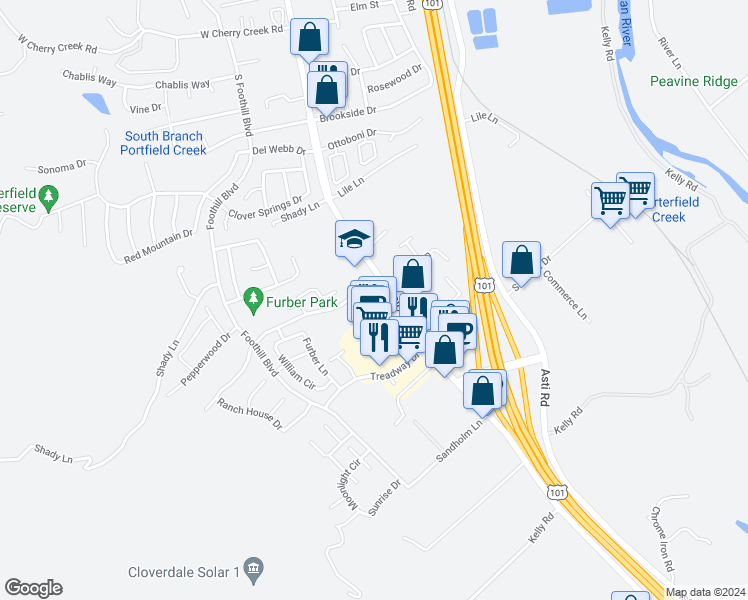map of restaurants, bars, coffee shops, grocery stores, and more near 28755 U.S. 101 in Cloverdale