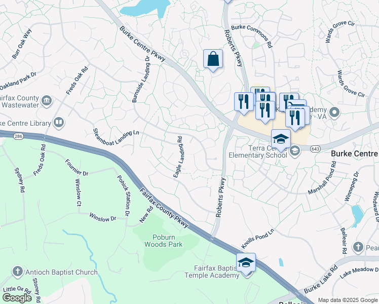 map of restaurants, bars, coffee shops, grocery stores, and more near 6102 Dory Landing Court in Burke