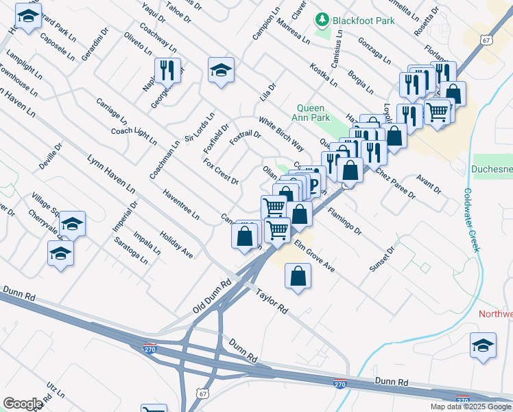 map of restaurants, bars, coffee shops, grocery stores, and more near 7401 Olian Drive in Hazelwood