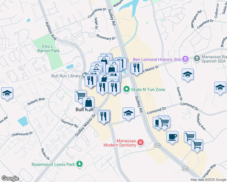 map of restaurants, bars, coffee shops, grocery stores, and more near 10683 Sudley Manor Drive in Manassas