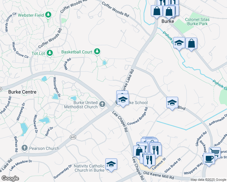 map of restaurants, bars, coffee shops, grocery stores, and more near 9642 Burke Lake Road in Burke