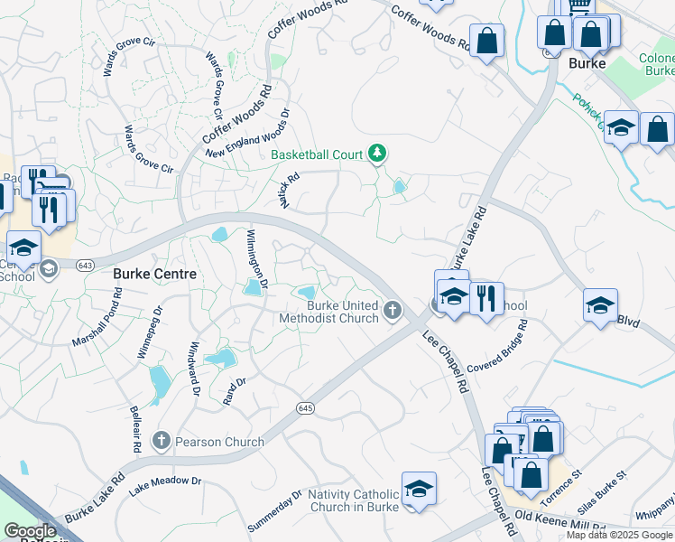 map of restaurants, bars, coffee shops, grocery stores, and more near 9824 Burke Pond Lane in Burke