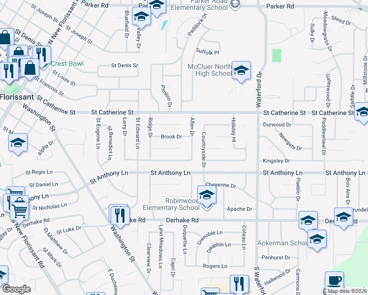map of restaurants, bars, coffee shops, grocery stores, and more near 365 Allen Drive in Florissant
