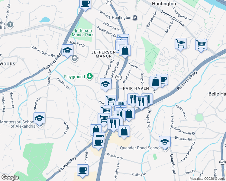 map of restaurants, bars, coffee shops, grocery stores, and more near 2707 Fairhaven Avenue in Alexandria