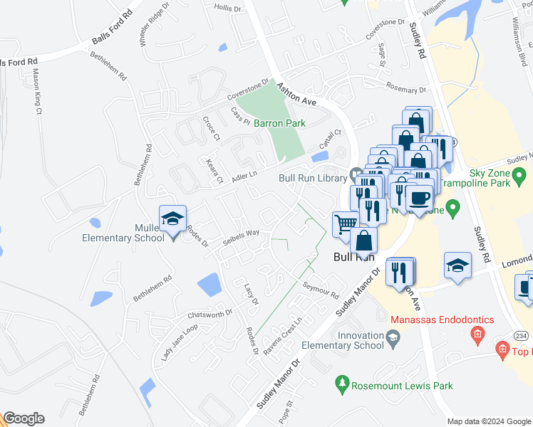 map of restaurants, bars, coffee shops, grocery stores, and more near 7768 Black Horse Court in Manassas