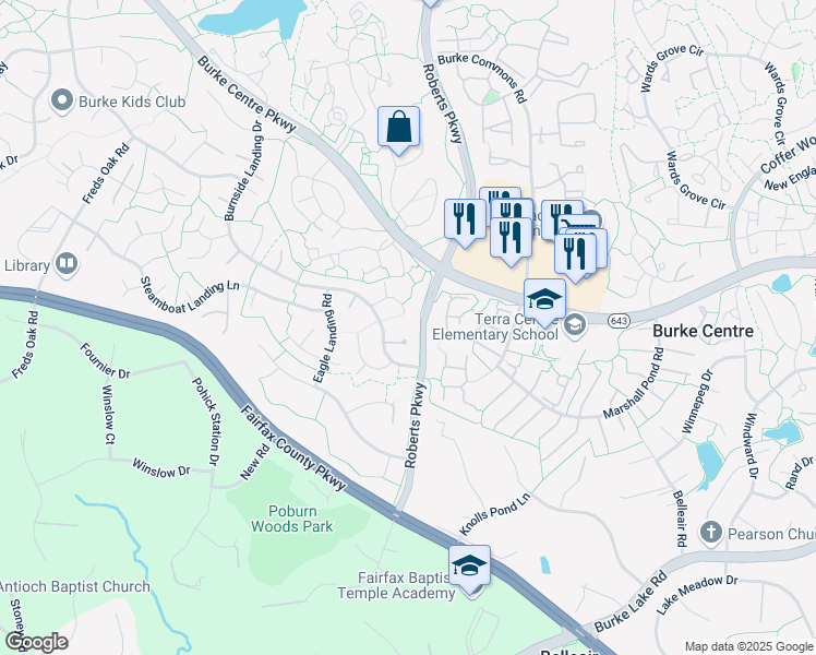 map of restaurants, bars, coffee shops, grocery stores, and more near 6148 Poburn Landing Court in Burke