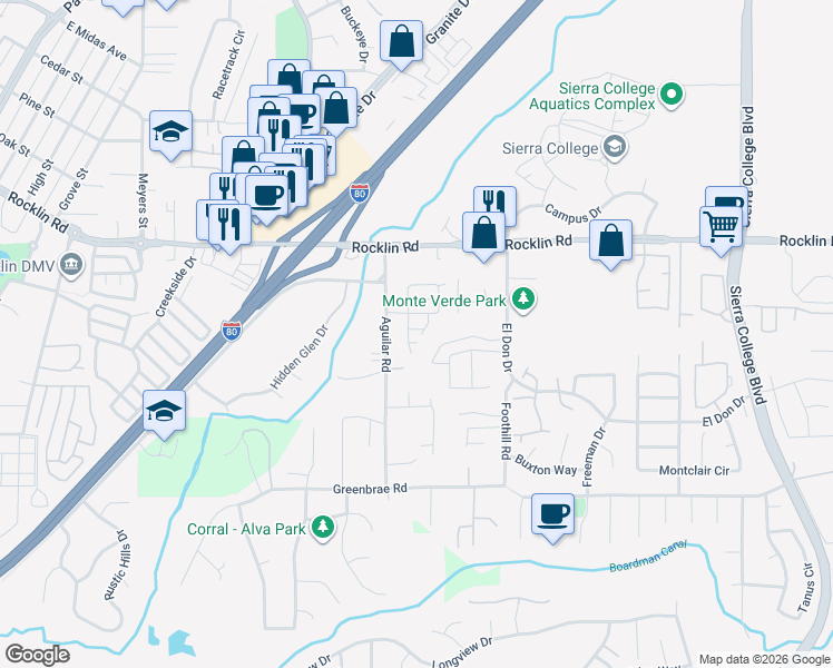 map of restaurants, bars, coffee shops, grocery stores, and more near 4718 Corona Circle in Rocklin