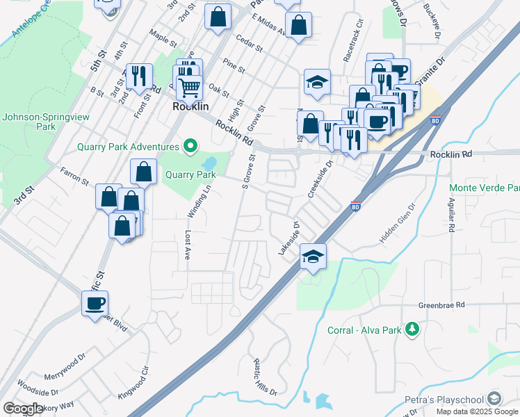 map of restaurants, bars, coffee shops, grocery stores, and more near 5415 South Grove Street in Rocklin