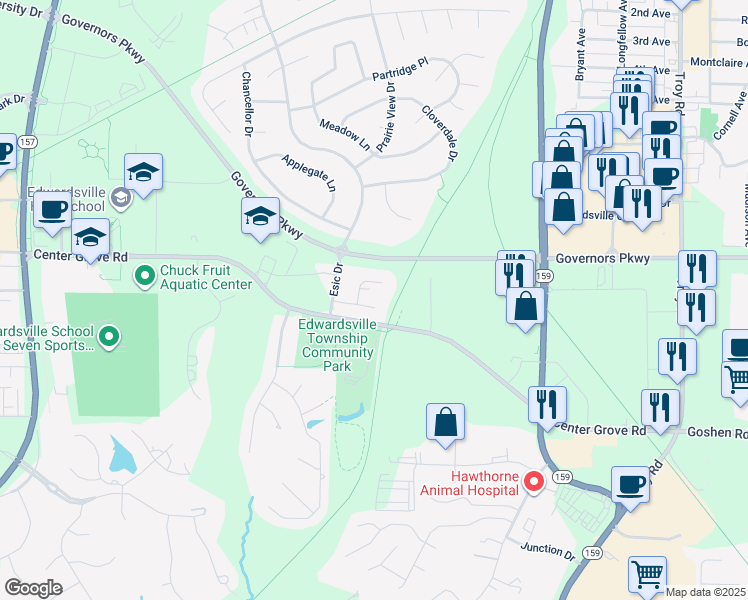 map of restaurants, bars, coffee shops, grocery stores, and more near 60 Homestead Court in Edwardsville