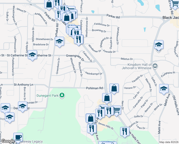 map of restaurants, bars, coffee shops, grocery stores, and more near 4040 Helmkampf Drive in Florissant