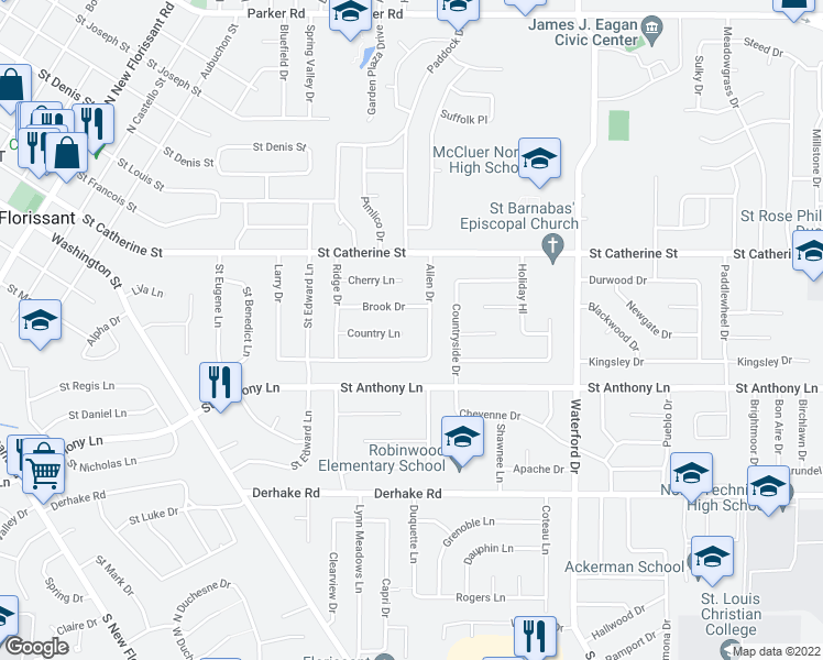 map of restaurants, bars, coffee shops, grocery stores, and more near 365 Allen Drive in Florissant